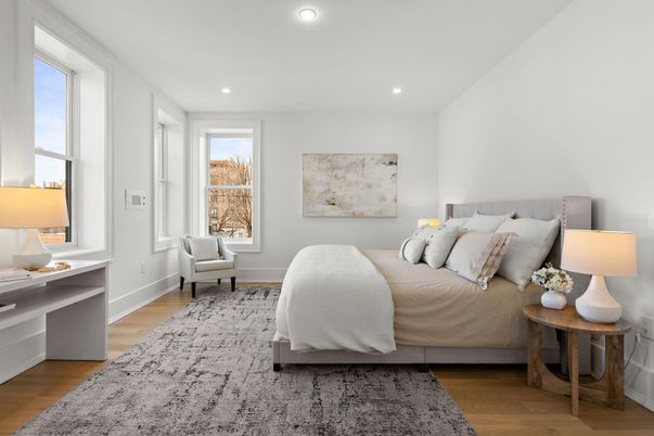 Bedroom, Interior, Recessed Lighting, Wood Texture Flooring