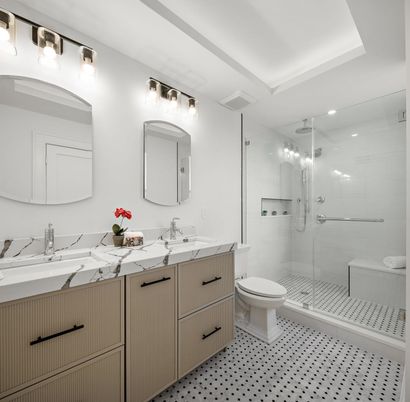 Bathroom, Dual Sink Vanities, Glass Shower, Interior, Recessed Lighting