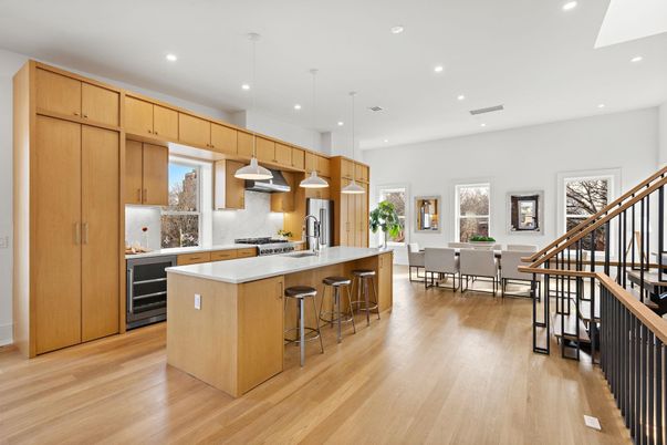 Dining room, Interior, Kitchen, Pendant Lights, Recessed Lighting, Stainless Steel Appliances, Wood Texture Flooring