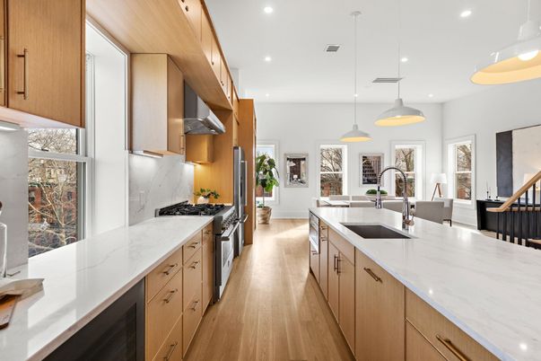 Interior, Kitchen, Pendant Lights, Recessed Lighting, Stainless Steel Appliances, Wood Texture Flooring