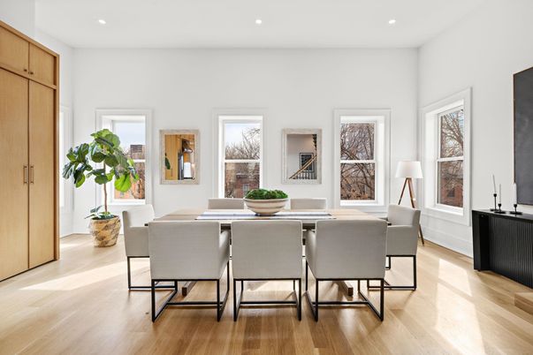Dining room, Interior, Recessed Lighting, Wood Texture Flooring