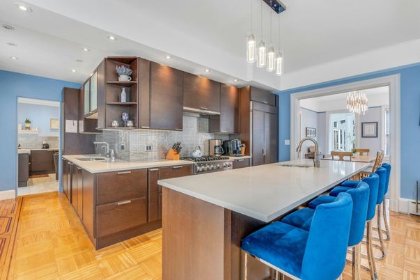 Chandelier, Interior, Kitchen, Pendant Lights, Recessed Lighting, Stainless Steel Appliances, Wood Texture Flooring
