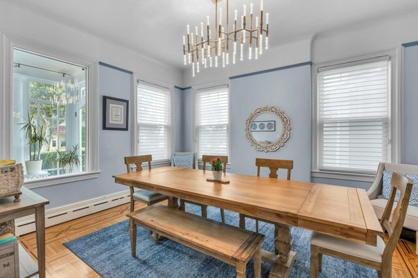 Dining room, Interior, Pendant Lights, Wood Texture Flooring