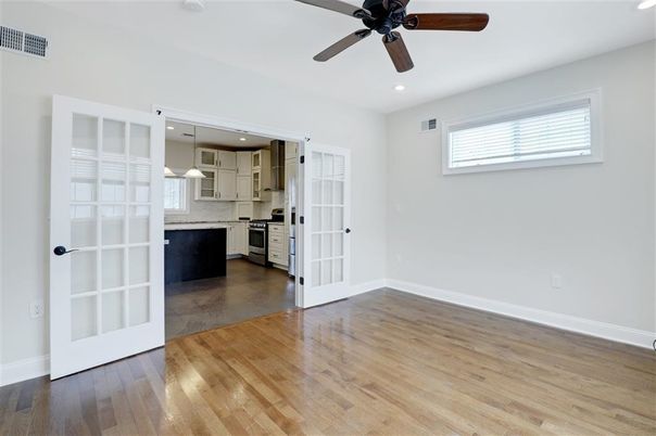 Empty room, Interior, Kitchen, Pendant Lights, Recessed Lighting, Wood Texture Flooring