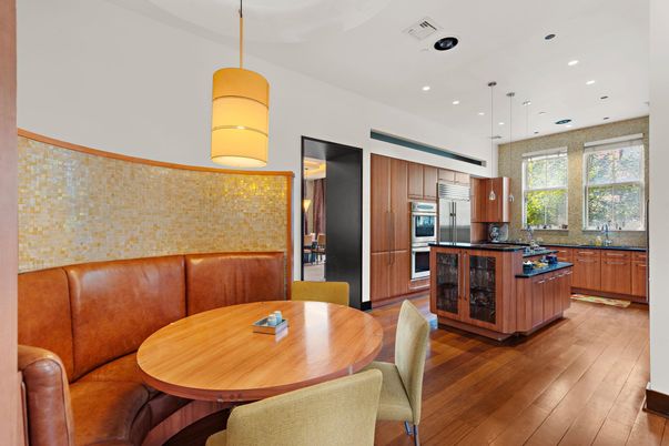 Dining room, Interior, Kitchen, Pendant Lights, Recessed Lighting, Stainless Steel Appliances, Wood Texture Flooring