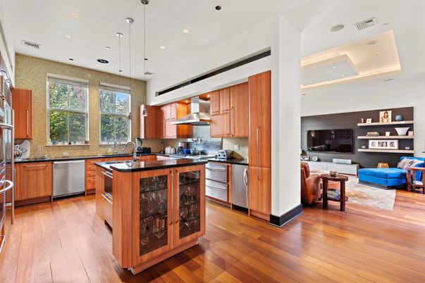 Interior, Kitchen, Living room, Pendant Lights, Recessed Lighting, Stainless Steel Appliances, Wood Texture Flooring