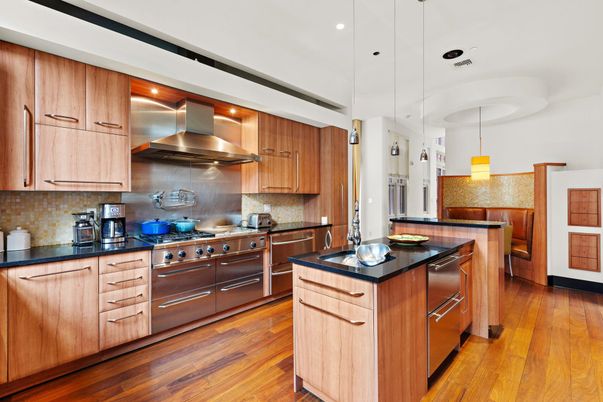 Interior, Kitchen, Pendant Lights, Recessed Lighting, Stainless Steel Appliances, Wood Texture Flooring