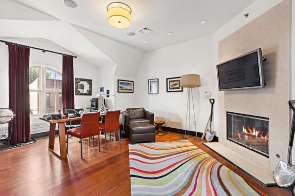 Fireplace, Home Office, Interior, Recessed Lighting, Wood Texture Flooring
