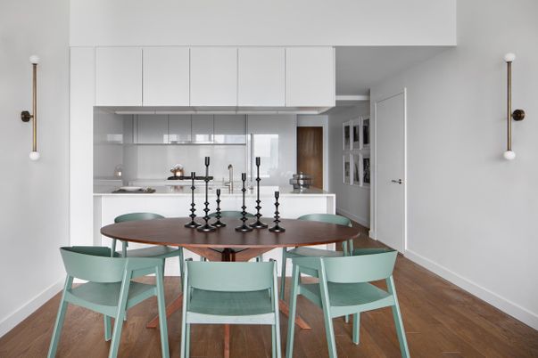 Dining room, Interior, Kitchen, Pendant Lights, Wood Texture Flooring