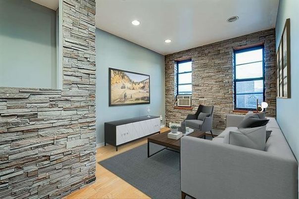 Interior, Living room, Recessed Lighting, Stone Walls, Wood Texture Flooring