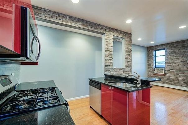 Interior, Kitchen, Recessed Lighting, Stone Walls, Wood Texture Flooring