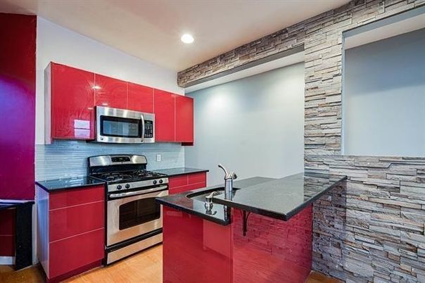 Interior, Kitchen, Recessed Lighting, Stainless Steel Appliances, Stone Walls, Wood Texture Flooring