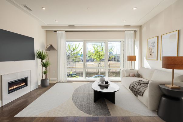 Fireplace, Interior, Living room, Recessed Lighting, Wood Texture Flooring