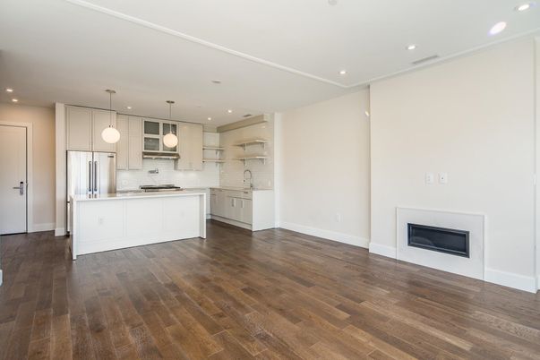 Fireplace, Interior, Kitchen, Pendant Lights, Recessed Lighting, Wood Texture Flooring