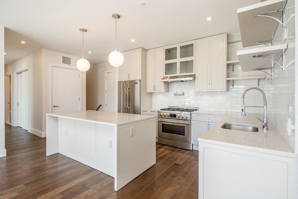 Interior, Kitchen, Pendant Lights, Recessed Lighting, Stainless Steel Appliances, Wood Texture Flooring