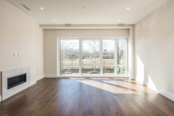 Empty room, Fireplace, Interior, Recessed Lighting, Wood Texture Flooring