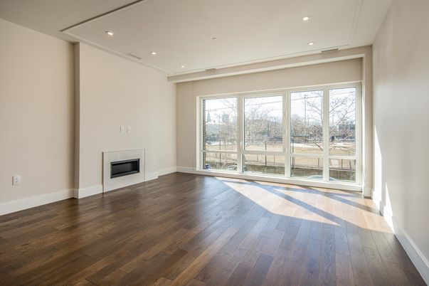 Empty room, Fireplace, Interior, Recessed Lighting, Wood Texture Flooring