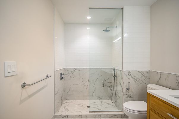 Bathroom, Glass Shower, Interior, Marble, Marble Walls, Recessed Lighting