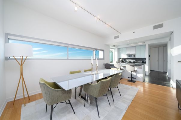 Dining room, Interior, Kitchen, Recessed Lighting, Stainless Steel Appliances, Wood Texture Flooring