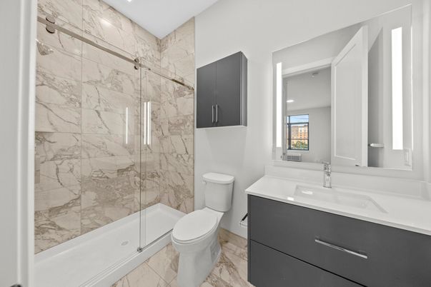 Bathroom, Glass Shower, Interior, Marble, Marble Walls, Recessed Lighting