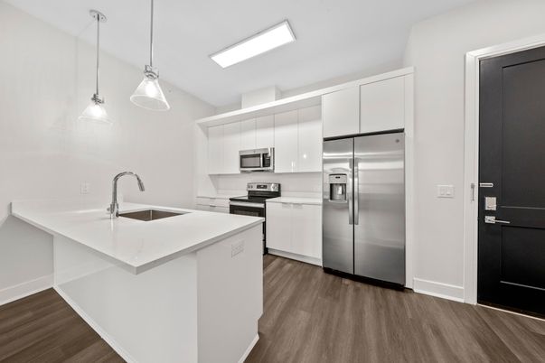 Interior, Kitchen, Pendant Lights, Stainless Steel Appliances, Wood Texture Flooring
