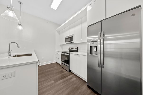 Interior, Kitchen, Pendant Lights, Stainless Steel Appliances, Wood Texture Flooring