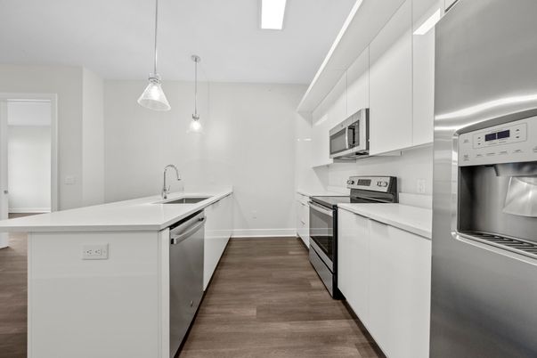 Interior, Kitchen, Pendant Lights, Stainless Steel Appliances, Wood Texture Flooring