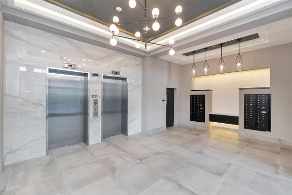 Elevator, Interior, Marble Walls, Pendant Lights