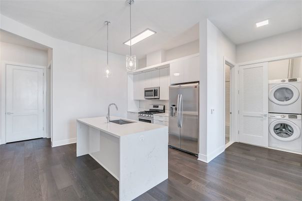 Interior, Kitchen, Pendant Lights, Recessed Lighting, Stainless Steel Appliances, Washer, Wood Texture Flooring