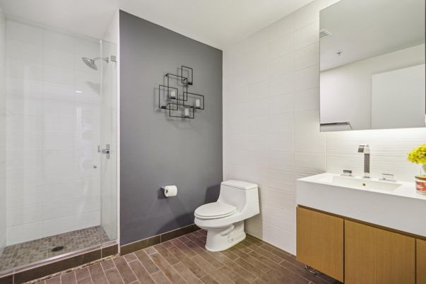 Bathroom, Glass Shower, Interior, Wood Texture Flooring