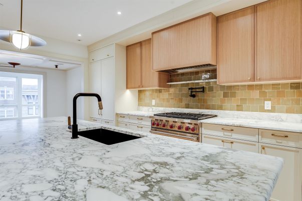 Interior, Kitchen, Marble, Pendant Lights, Recessed Lighting, Stainless Steel Appliances