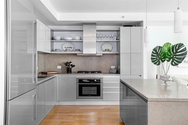 Interior, Kitchen, Pendant Lights, Stainless Steel Appliances, Wood Texture Flooring