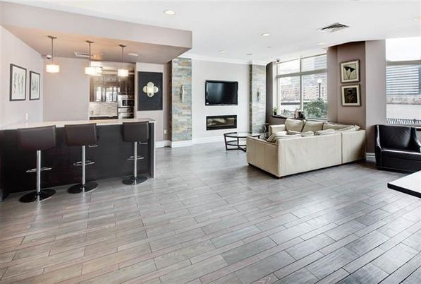 Fireplace, Interior, Living room, Pendant Lights, Recessed Lighting, Wood Texture Flooring