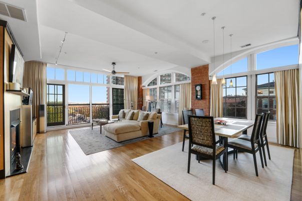 Dining room, Fireplace, Interior, Living room, Pendant Lights, Wood Texture Flooring