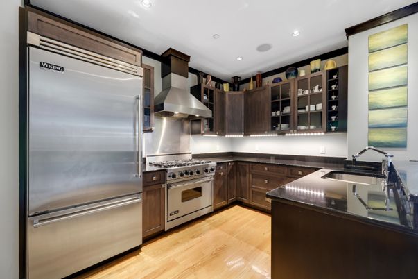 Interior, Kitchen, Recessed Lighting, Stainless Steel Appliances, Wood Texture Flooring