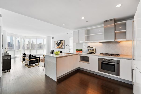 Interior, Kitchen, Living room, Recessed Lighting, Stainless Steel Appliances, Wood Texture Flooring