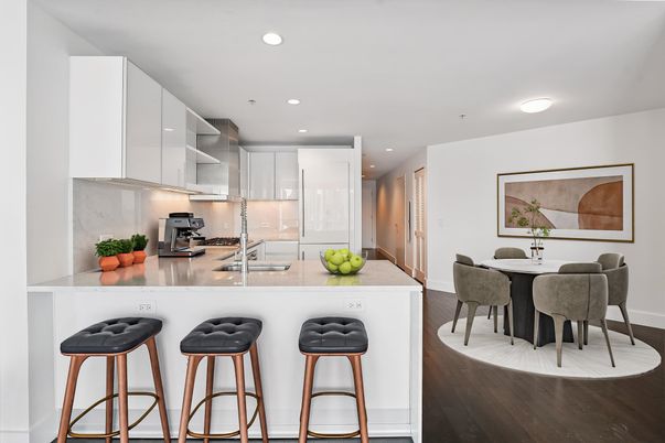 Dining room, Interior, Kitchen, Recessed Lighting, Wood Texture Flooring