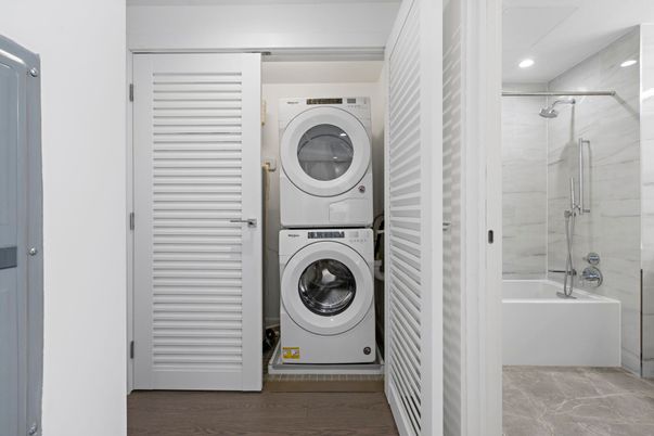 Bathroom, Interior, Recessed Lighting, Utility Closets, Washer, Wood Texture Flooring