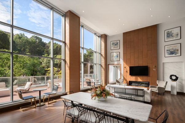 Dining room, Fireplace, Interior, Living room, Recessed Lighting, Wood Texture Flooring