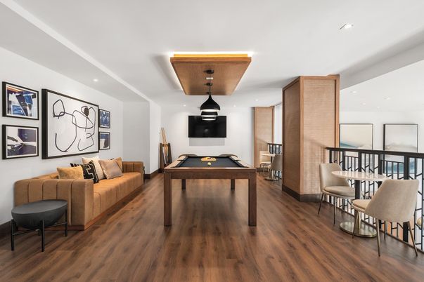 Billiard Table, Game Room, Interior, Living room, Recessed Lighting, Wood Texture Flooring