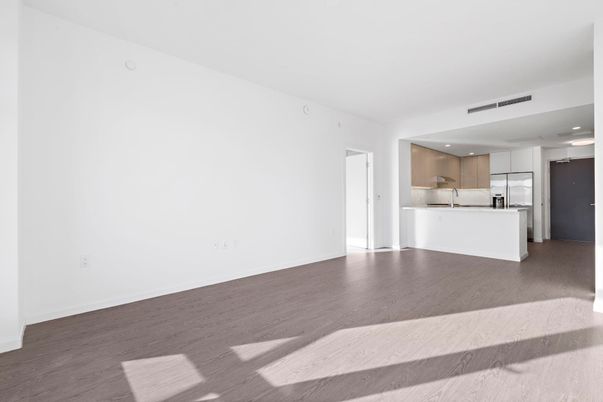 Empty room, Interior, Kitchen, Recessed Lighting, Wood Texture Flooring