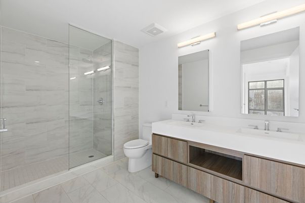 Bathroom, Dual Sink Vanities, Glass Shower, Interior, Marble, Marble Walls