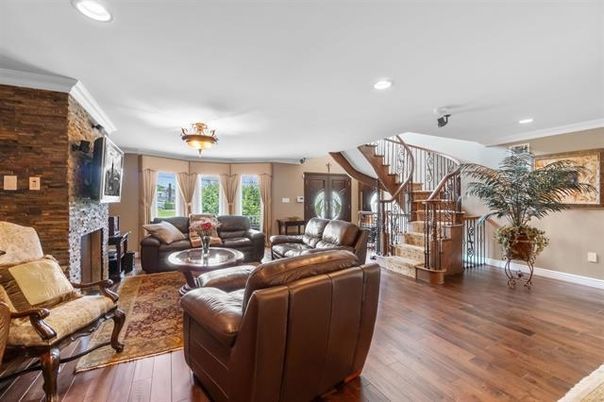Fireplace, Interior, Living room, Recessed Lighting, Stone Walls, Wood Texture Flooring, Wooden Walls