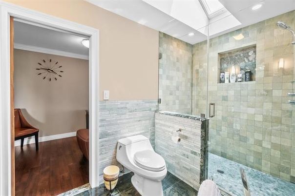 Bathroom, Glass Shower, Interior, Recessed Lighting, Wood Texture Flooring
