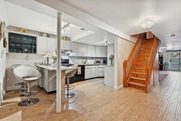 Chandelier, Interior, Kitchen, Stainless Steel Appliances, Wood Texture Flooring