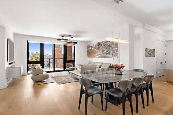 Dining room, Interior, Living room, Pendant Lights, Wood Texture Flooring
