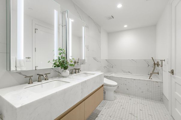 Bathroom, Interior, Marble Walls, Recessed Lighting