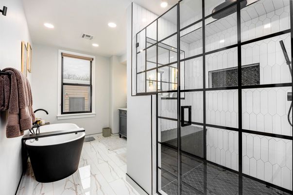 Bathroom, Free Standing Baths, Glass Shower, Interior, Marble, Recessed Lighting