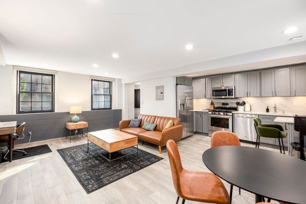 Interior, Kitchen, Living room, Recessed Lighting, Stainless Steel Appliances, Wood Texture Flooring