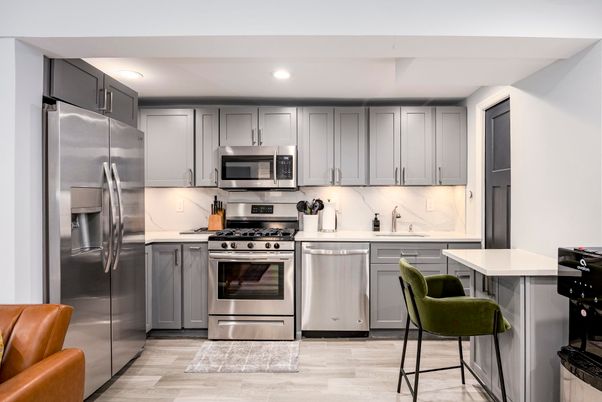 Interior, Kitchen, Recessed Lighting, Stainless Steel Appliances, Wood Texture Flooring